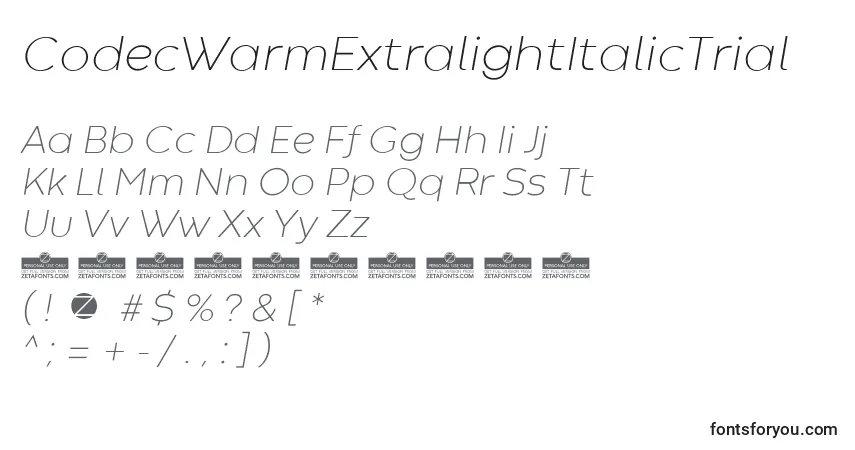Schriftart CodecWarmExtralightItalicTrial – Alphabet, Zahlen, spezielle Symbole
