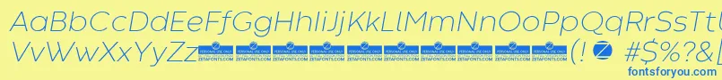 フォントCodecWarmExtralightItalicTrial – 青い文字が黄色の背景にあります。