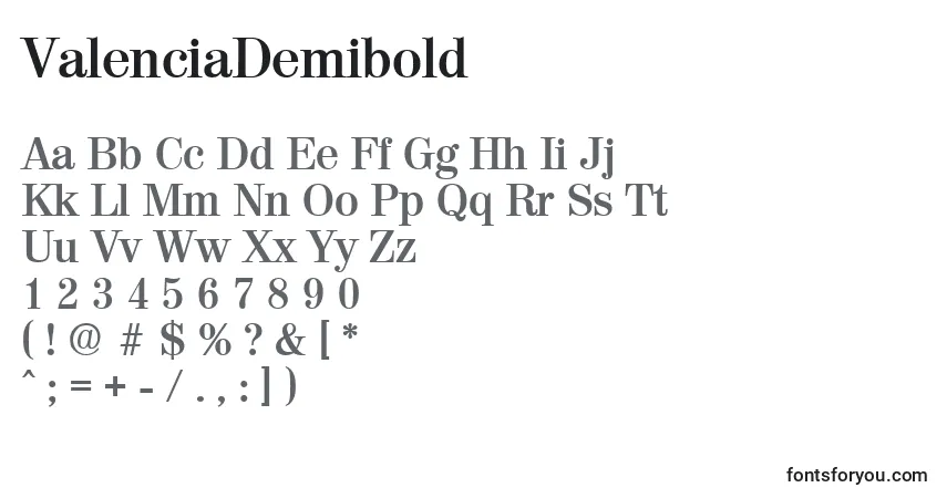 A fonte ValenciaDemibold – alfabeto, números, caracteres especiais