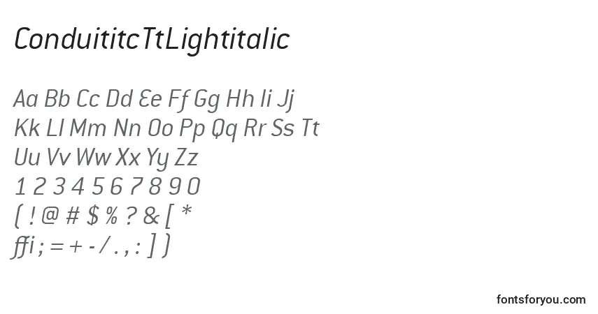 A fonte ConduititcTtLightitalic – alfabeto, números, caracteres especiais