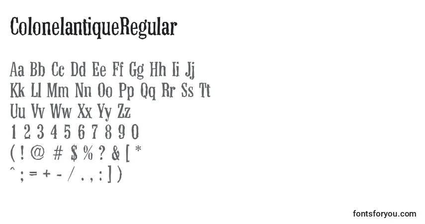 A fonte ColonelantiqueRegular – alfabeto, números, caracteres especiais