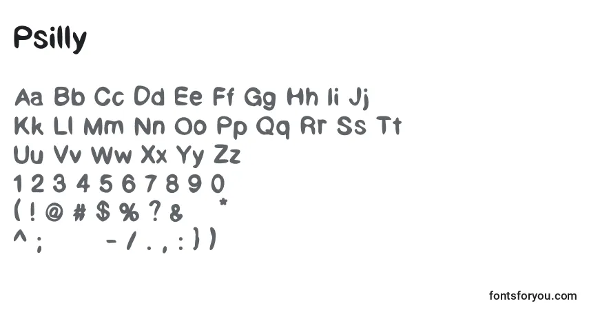 Schriftart Psilly – Alphabet, Zahlen, spezielle Symbole