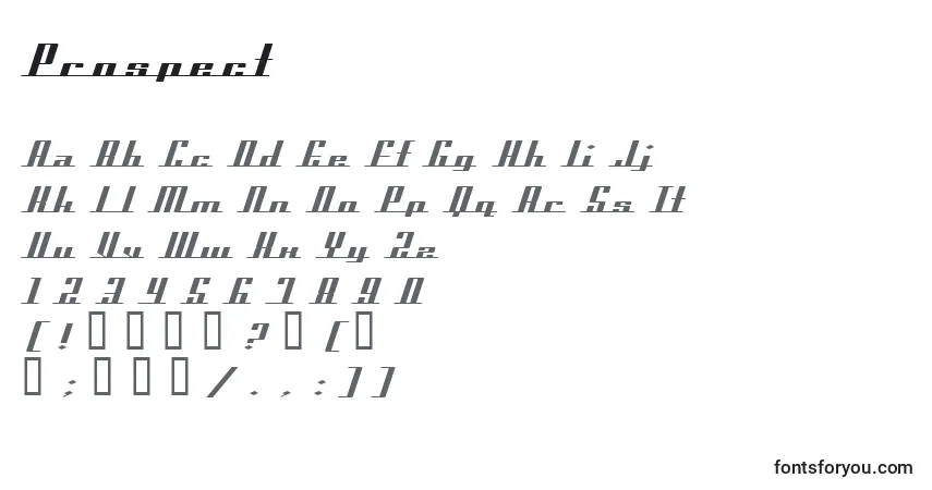 Czcionka Prospect – alfabet, cyfry, specjalne znaki