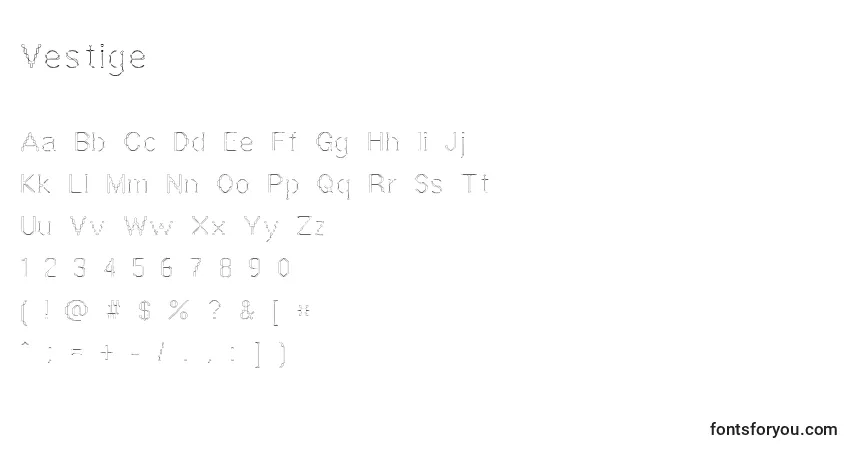 A fonte Vestige – alfabeto, números, caracteres especiais