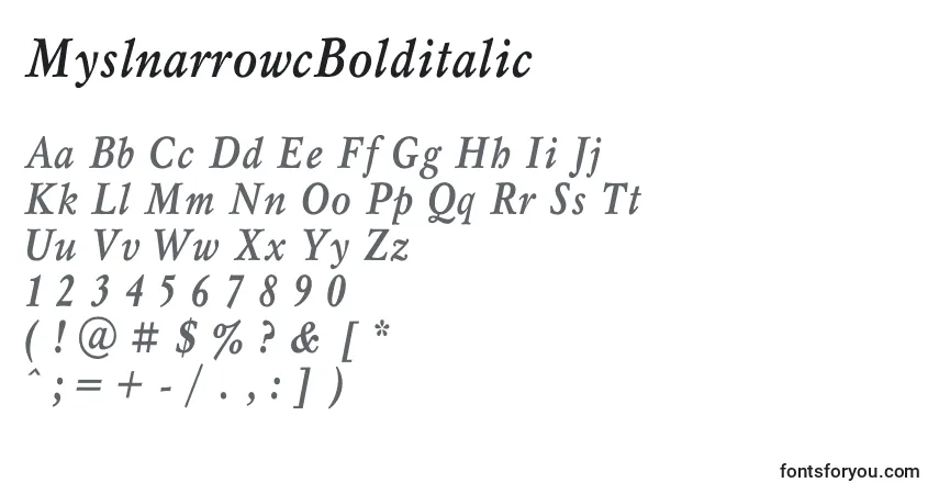 Fuente MyslnarrowcBolditalic - alfabeto, números, caracteres especiales
