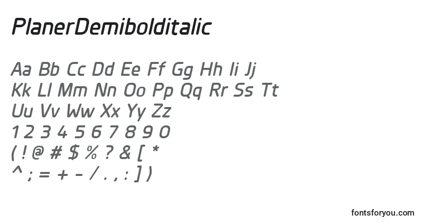 A fonte PlanerDemibolditalic – alfabeto, números, caracteres especiais