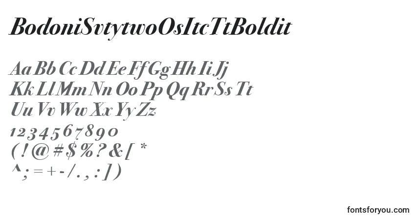 A fonte BodoniSvtytwoOsItcTtBoldit – alfabeto, números, caracteres especiais