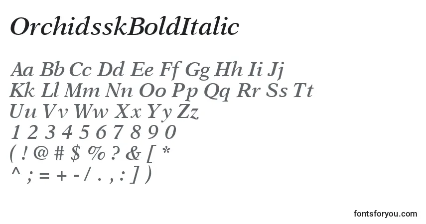 A fonte OrchidsskBoldItalic – alfabeto, números, caracteres especiais