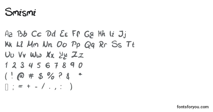 Czcionka Smismi – alfabet, cyfry, specjalne znaki