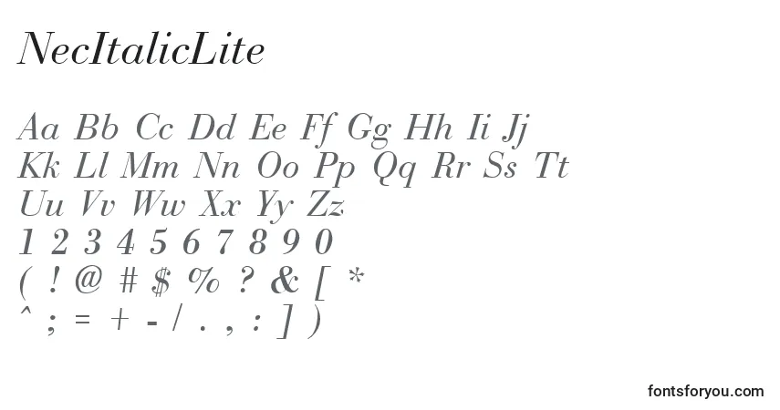 Czcionka NecItalicLite – alfabet, cyfry, specjalne znaki