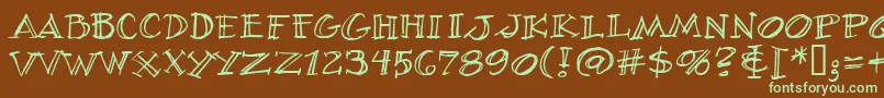 フォントVillageIdiotBb – 緑色の文字が茶色の背景にあります。