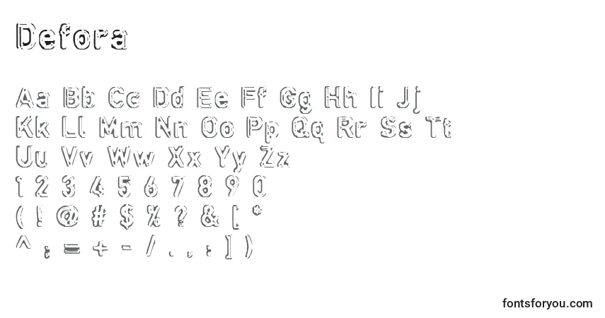 A fonte Defora – alfabeto, números, caracteres especiais