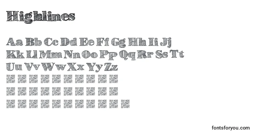 Czcionka Highlines – alfabet, cyfry, specjalne znaki