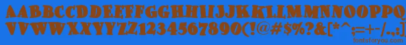 フォントPleasinglyplumpnf – 茶色の文字が青い背景にあります。