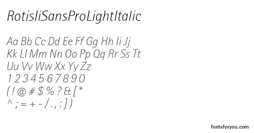 Czcionka RotisIiSansProLightItalic – alfabet, cyfry, specjalne znaki