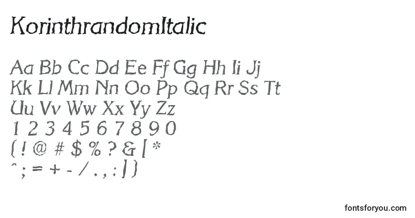 Schriftart KorinthrandomItalic – Alphabet, Zahlen, spezielle Symbole