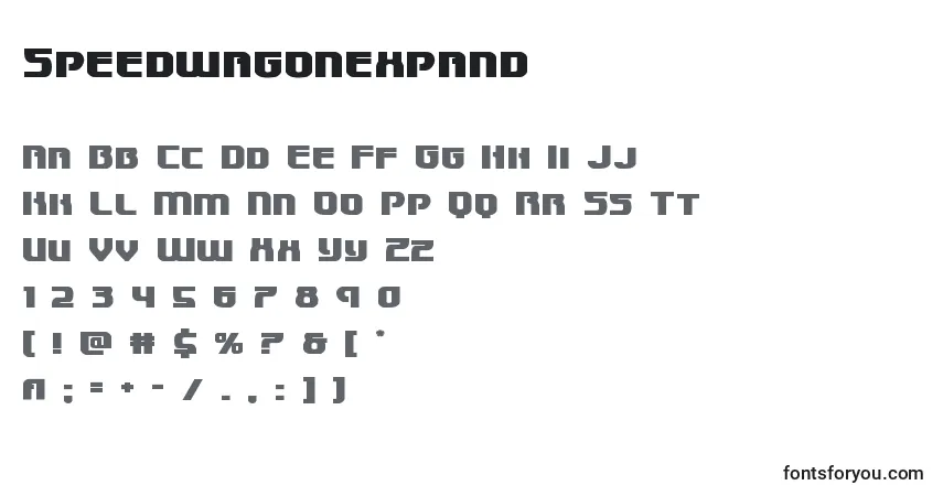 Czcionka Speedwagonexpand – alfabet, cyfry, specjalne znaki