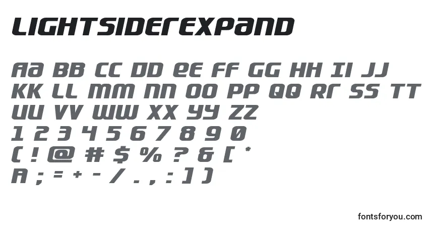 Czcionka Lightsiderexpand – alfabet, cyfry, specjalne znaki