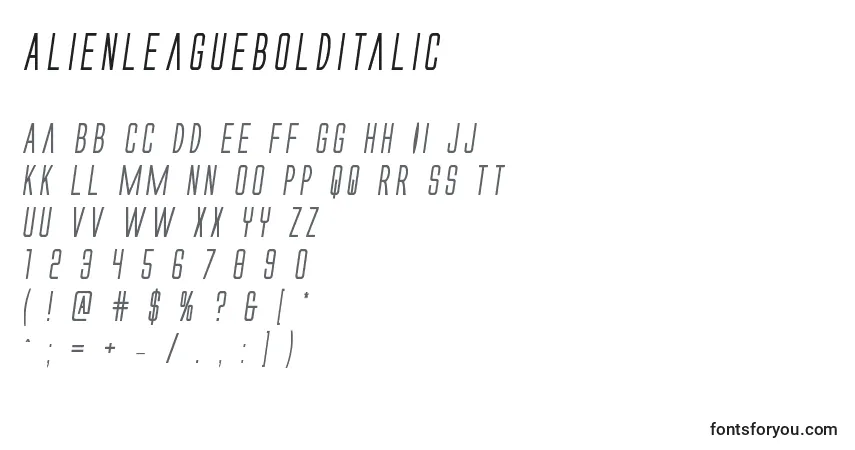 Шрифт Alienleaguebolditalic – алфавит, цифры, специальные символы