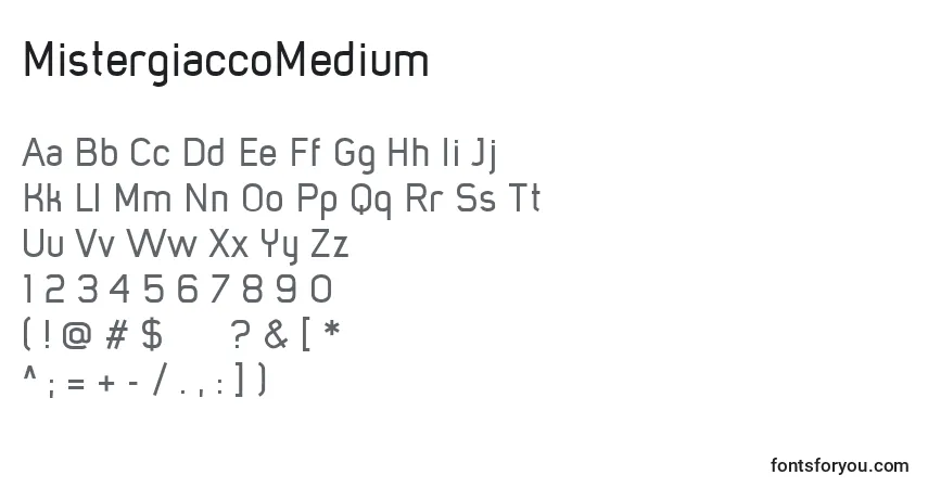 Schriftart MistergiaccoMedium – Alphabet, Zahlen, spezielle Symbole