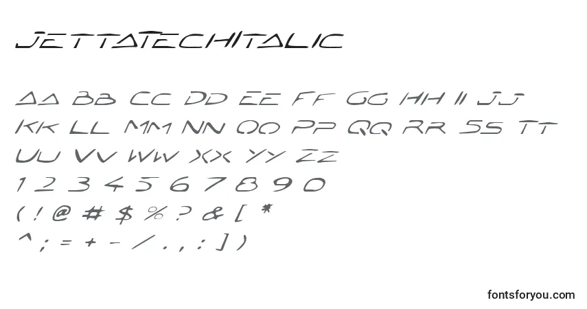 Czcionka JettaTechItalic – alfabet, cyfry, specjalne znaki