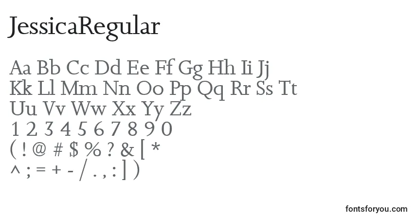 Schriftart JessicaRegular – Alphabet, Zahlen, spezielle Symbole