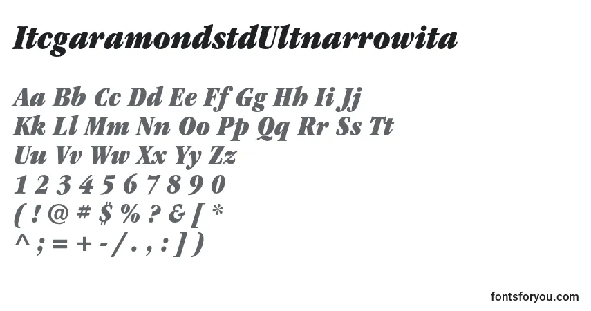 A fonte ItcgaramondstdUltnarrowita – alfabeto, números, caracteres especiais