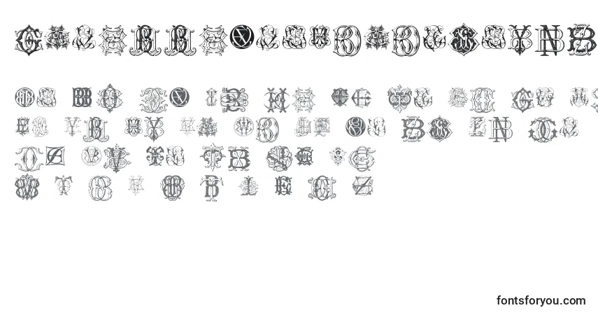 A fonte IntellectaMonogramsRandomSamplesEleven – alfabeto, números, caracteres especiais