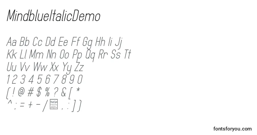 Шрифт MindblueItalicDemo – алфавит, цифры, специальные символы