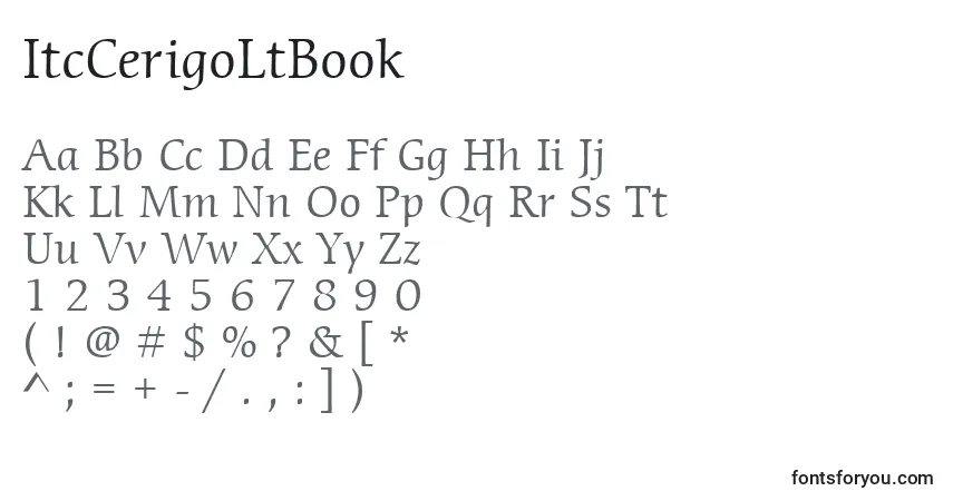 Czcionka ItcCerigoLtBook – alfabet, cyfry, specjalne znaki