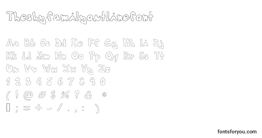 Czcionka Theshyfamilyoutlinefont – alfabet, cyfry, specjalne znaki