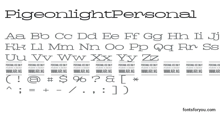 A fonte PigeonlightPersonal – alfabeto, números, caracteres especiais