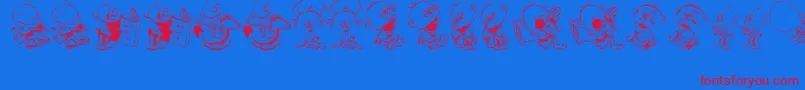 DtJanisJeffsHappyDaze-Schriftart – Rote Schriften auf blauem Hintergrund