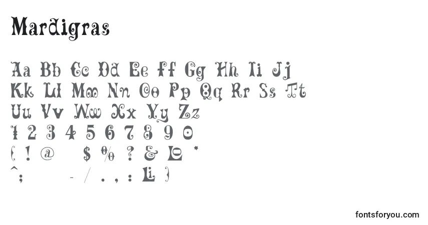 A fonte Mardigras – alfabeto, números, caracteres especiais