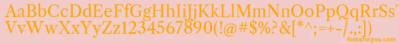 フォントLibrecaslontextRegular – オレンジの文字がピンクの背景にあります。