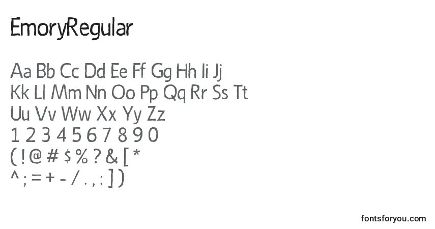 Czcionka EmoryRegular – alfabet, cyfry, specjalne znaki