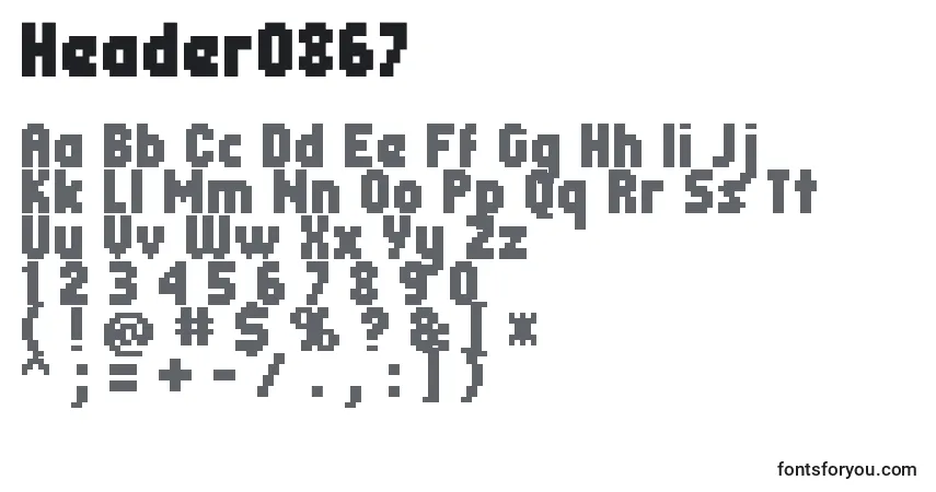 A fonte Header0867 – alfabeto, números, caracteres especiais