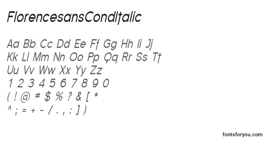 Schriftart FlorencesansCondItalic – Alphabet, Zahlen, spezielle Symbole