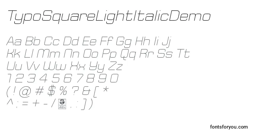 TypoSquareLightItalicDemo Font – alphabet, numbers, special characters