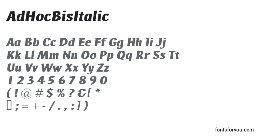 A fonte AdHocBisItalic – alfabeto, números, caracteres especiais