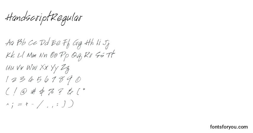 Czcionka HandscriptRegular – alfabet, cyfry, specjalne znaki