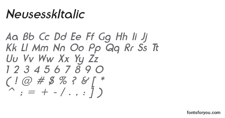 A fonte NeusesskItalic – alfabeto, números, caracteres especiais