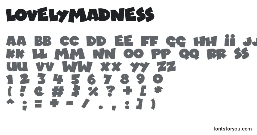 Schriftart LovelyMadness (69270) – Alphabet, Zahlen, spezielle Symbole