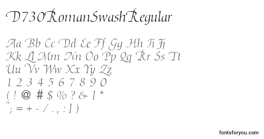 A fonte D730RomanSwashRegular – alfabeto, números, caracteres especiais