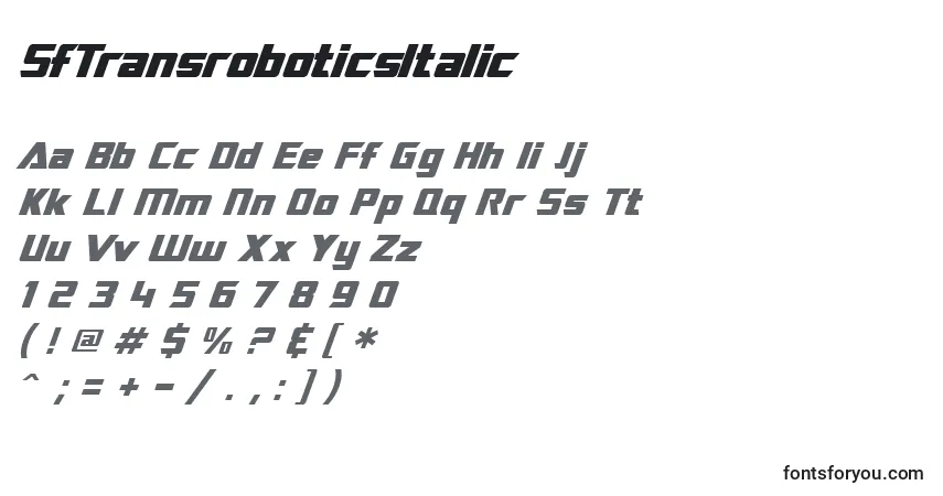 Czcionka SfTransroboticsItalic – alfabet, cyfry, specjalne znaki