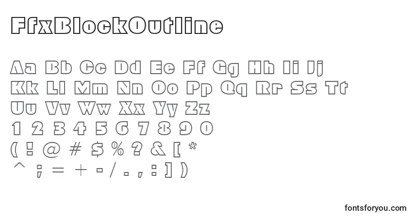 Czcionka FfxBlockOutline – alfabet, cyfry, specjalne znaki