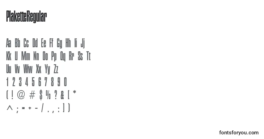 Czcionka PlaketteRegular – alfabet, cyfry, specjalne znaki