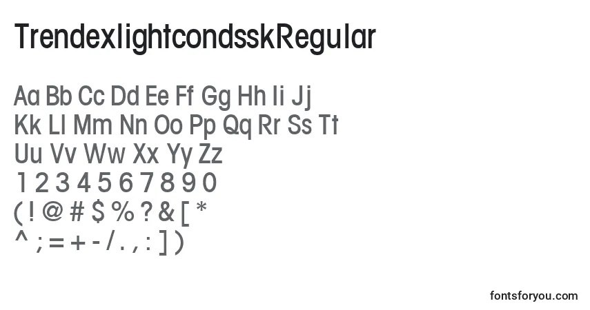 A fonte TrendexlightcondsskRegular – alfabeto, números, caracteres especiais