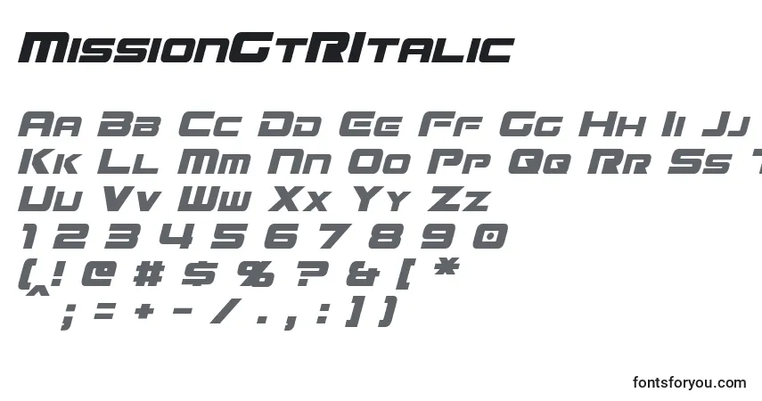 Schriftart MissionGtRItalic – Alphabet, Zahlen, spezielle Symbole
