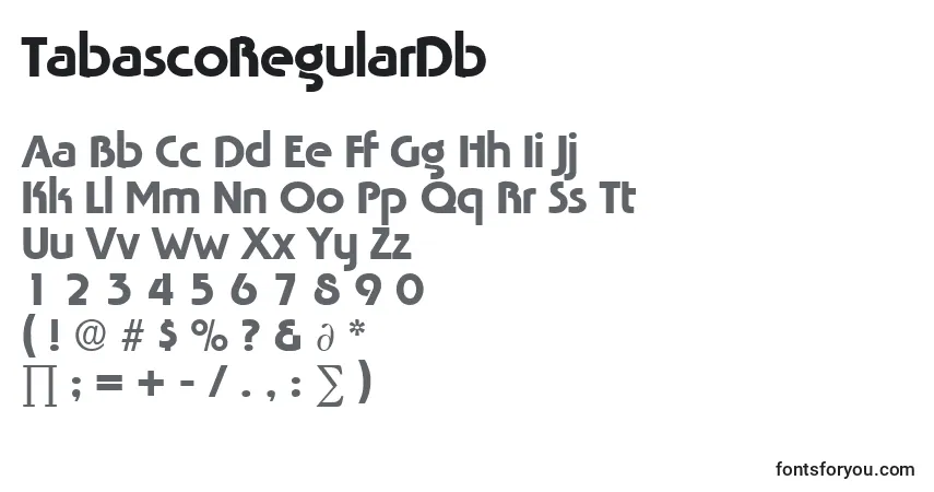 Czcionka TabascoRegularDb – alfabet, cyfry, specjalne znaki